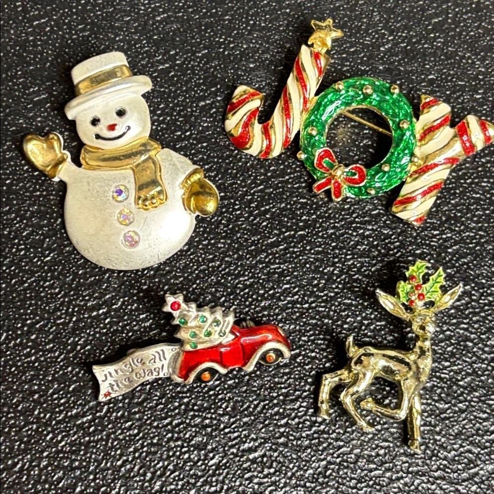 Festive Holiday Christmas Snowman Reindeer Joy Brooch Set Bundle of 4